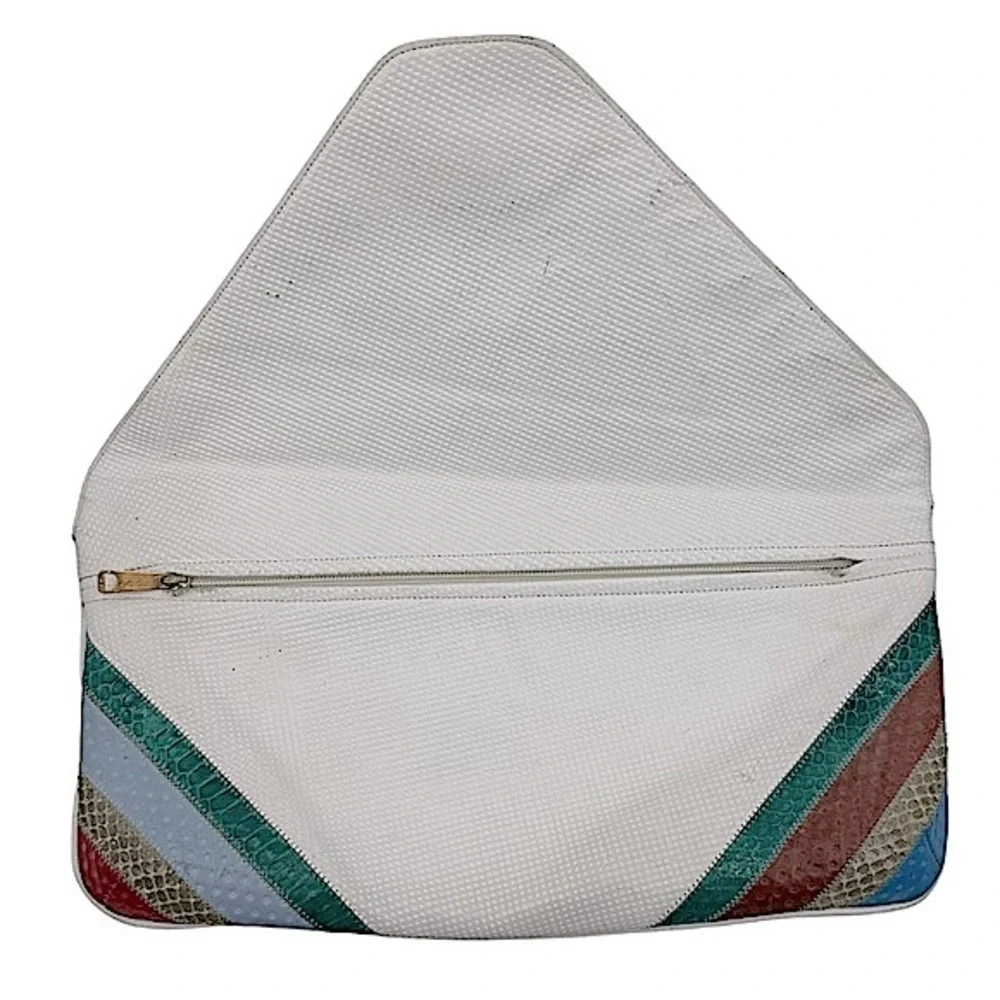 Vintage 80s Leather Snakeskin Textile Clutch Bag Multi‎ Color Flap Front Purse